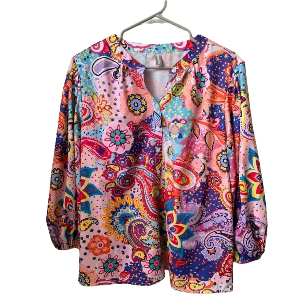NORA CORA Women’s Split V-neck Button-down 3/4 Elastic Balloon Sleeve Blouse